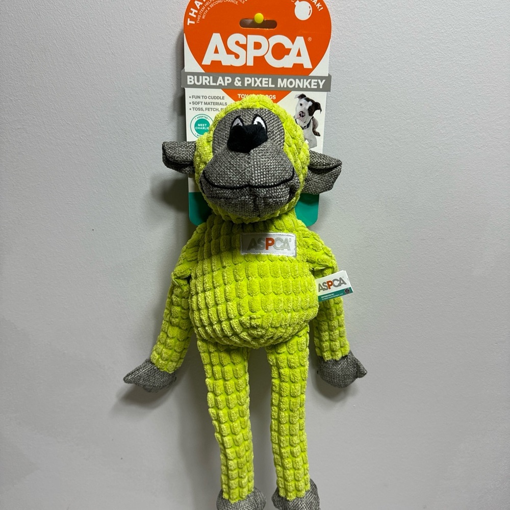 ASPCA Burlap & Pixel Monkey-  Squeaky Dog Toy 16”green